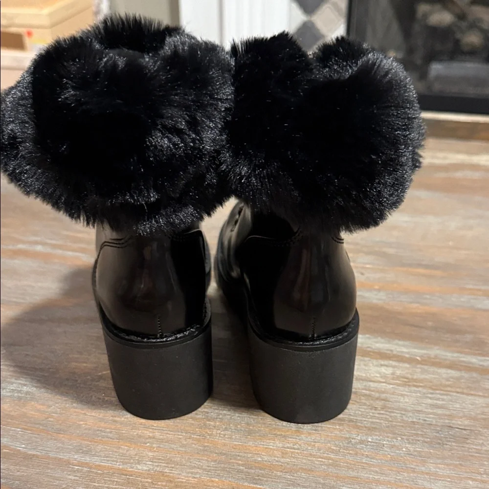 INC Hannia Patent Faux Fur Lace-Up Wedge Booties‎ Black Size 5.5 NIB